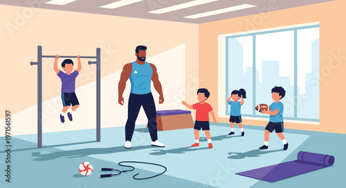 Group of children engages in various physical activities in a colorful gym with their male coach supervising the workout session indoors.