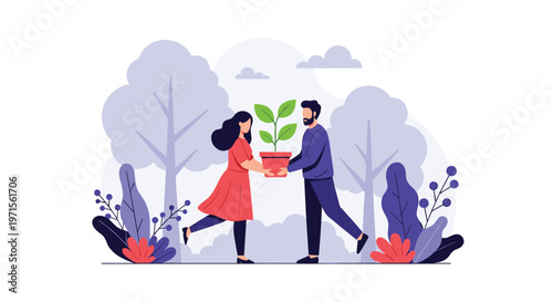 Young man and woman together hold a potted plant in a stylized forest setting to promote environmental awareness and nature care.