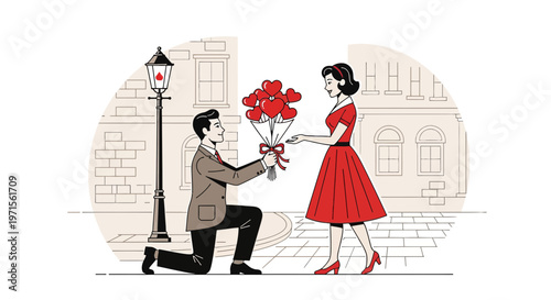 Romantic Marriage Proposal: Man Kneels Giving Heart Balloons to Woman