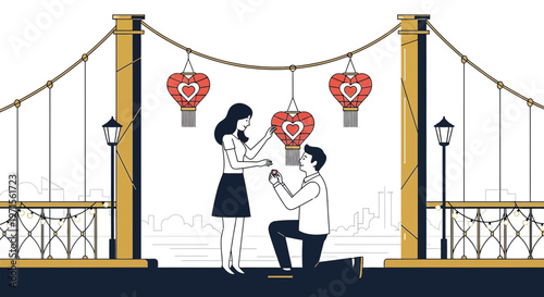 Romantic Marriage Proposal on Bridge with Heart Lanterns