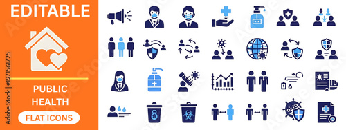 Public health and safety flat icons collection for medical awareness. Medical mask, hand sanitizer, social distancing, megaphone, global virus, healthcare