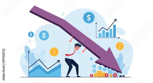 Stressed businessman tries to hold up a large falling purple arrow symbolizing financial loss and economic downturn on a light blue background.