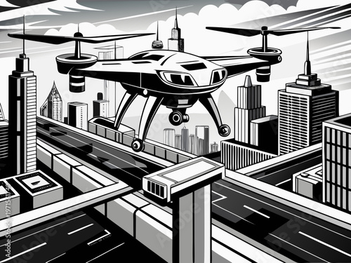 Vintage illustration of steam trains on elevated railway tracks in an urban setting