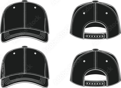 Set of baseball cap mockups front and back views, snapback hat template collection, headwear apparel illustration isolated on white background