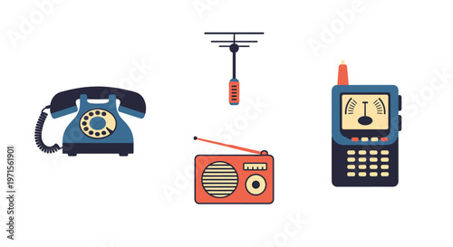 Vintage communication devices on display.