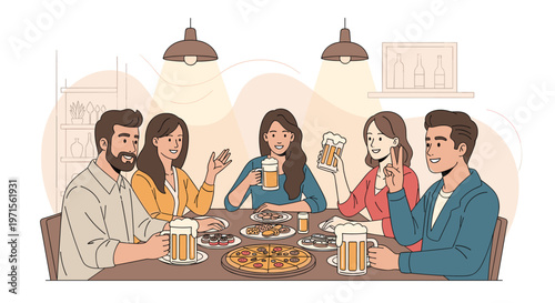 Diverse group of friends enjoys a social gathering at a restaurant sharing pizza and beer while laughing and talking together.