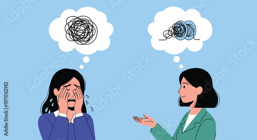 One woman offers comfort and guidance to her crying friend while thought bubbles depict tangled and unraveling thoughts between them.