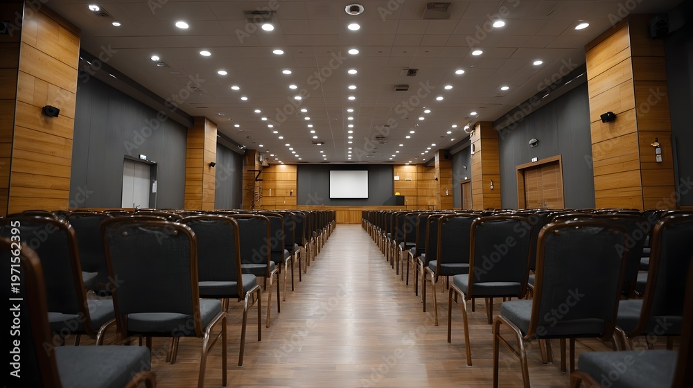 Fototapeta premium An empty modern conference hall or auditorium featuring rows of dark chairs arranged symmetrically with a projection screen at the front