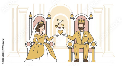 Royal Couple on Thrones Sharing Love Hearts - Wedding, Romance, Royalty