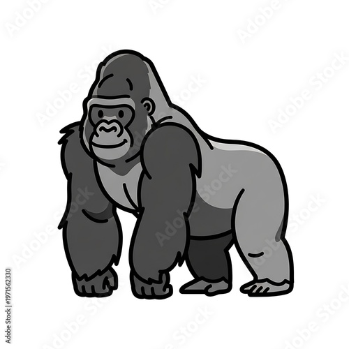 Cartoon gorilla standing on ground.