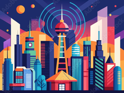 Futuristic cityscape with advanced wireless network signals and glowing skyline.