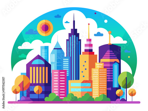 Colorful cityscape illustration with futuristic skyscrapers and a sun