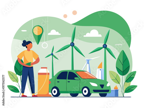 Man working on maintenance of a wind turbine in a green landscape