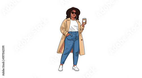 Stylish woman wearing a beige trench coat, sunglasses, and a hat walks confidently while holding a cup of takeaway coffee outdoors.