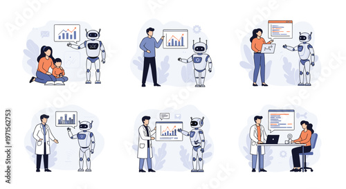 Diverse scenes illustrate people working and interacting with robots in various settings like healthcare, business, and education for future technology.