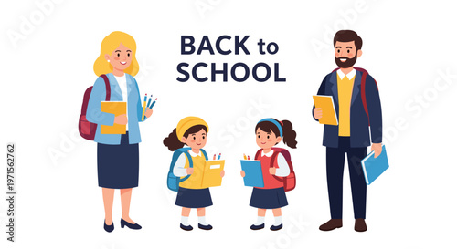 Group of teachers and young students with backpacks and books are ready for the new school year under a back to school message.