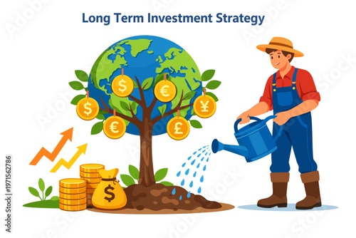 Global Long Term Investment Strategy with Money Tree and Farmer