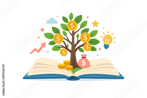 Wealth Tree Growing from Book Financial Education Concept