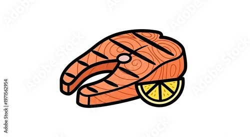 Grilled salmon steak with lemon.