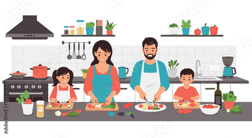 Happy family with two children preparing a healthy meal together in a modern kitchen while chopping fresh vegetables.