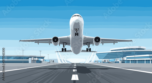Large commercial airplane taking off from a runway at a modern airport terminal under a clear blue sky during the bright daylight.