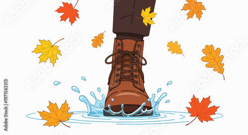 A brown hiking boot steps into a puddle surrounded by colorful autumn leaves on a white background with a splash of water.