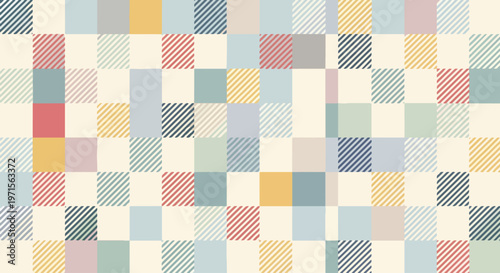 Light geometric composition with pastel hues and stripe overlays.
