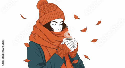 Illustration of a woman wearing warm clothing holding a mug with autumn leaves falling around her on a white background.
