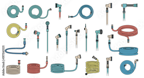 Extensive collection of colorful garden hoses and various spray nozzles for outdoor watering and plant care in a detailed illustration.