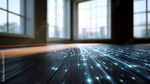 Digital data streams flow across a sunlit wooden floor in a modern room