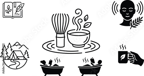 Wellness and self-care vector icon set featuring meditation, matcha tea ceremony, journaling, outdoor camping, and spa relaxation symbols for healthy lifestyle and mindfulness concepts