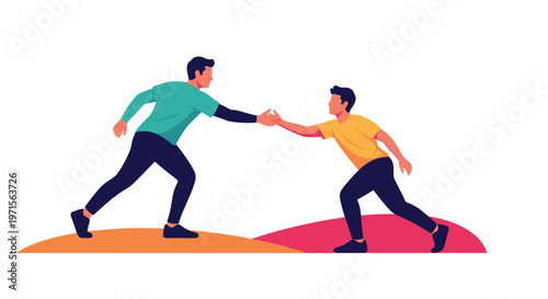 Person reaching down to help another person climb up onto a small hill in a symbol of teamwork, support, and mutual assistance.