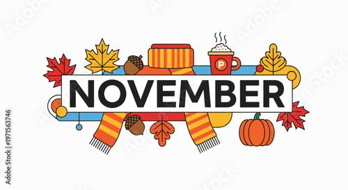 Colorful November graphic design with autumn leaves, pumpkin, and hot drink on a white background, conveying a cozy fall mood.