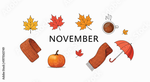 Flat lay illustration of November seasonal items including autumn leaves, pumpkin, sweater, socks, umbrella, and coffee on a white background.