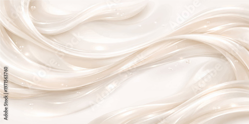 A luxurious flowing wave of cream and gold silk fabric creates an abstract liquid background with smooth satin textures and soft golden curves in this shiny light pink decorative illustration