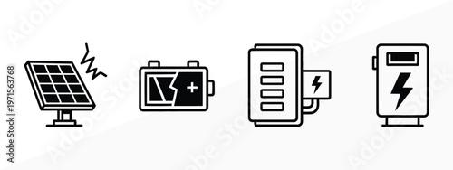 Solar energy icons panel battery power bank and charging bolt illustration