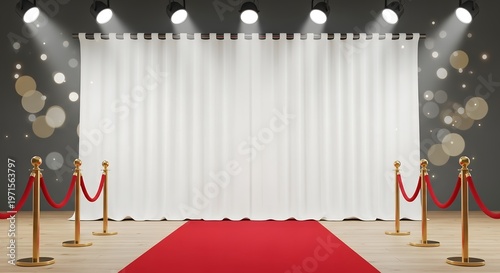 Step into luxury a grand red carpet leads to an illuminated stage with elegant white curtains, framed by golden stanchions and velvet ropes, perfect for prestigious events
