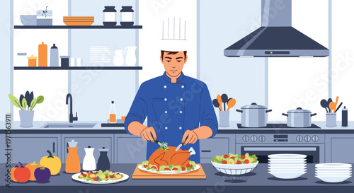 Professional male chef in a blue uniform carefully carving a roasted turkey on a wooden board in a modern well equipped kitchen.