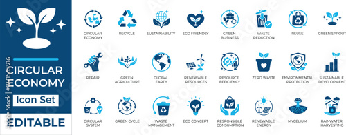 Editable circular economy and sustainability vector icon set. Includes recycling, zero waste, renewable energy, and eco-friendly green business concepts.