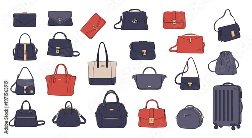 Diverse collection of fashionable women's handbags in different styles, colors, and sizes including totes, clutches, and a suitcase.