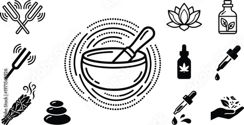 Holistic wellness and meditation icon set featuring Tibetan singing bowl, tuning forks, aromatherapy oil bottles, smudge stick, and lotus flower, vector line art for spa and health branding