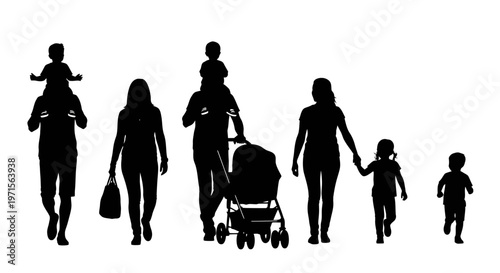 Silhouettes of diverse family members walking together.