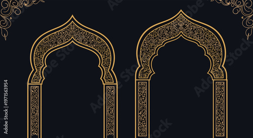 Two elegant golden arched frames with intricate floral patterns set against a dark blue background for a sophisticated oriental theme.