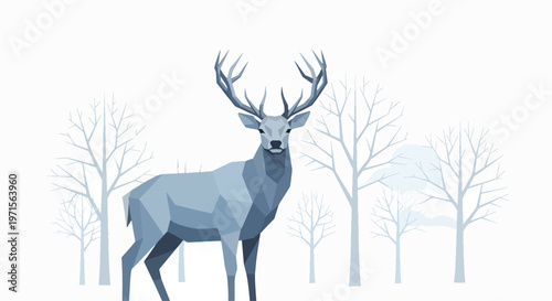 Geometric illustration of a deer with large antlers standing in a snowy forest with bare trees in shades of blue on a white background.