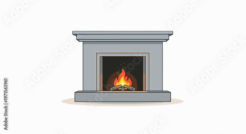Illustration of a lit gray fireplace with a burning fire against a plain white background.