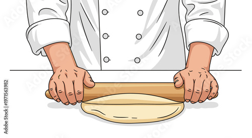 Professional chef hands using a wooden rolling pin to flatten fresh dough on a clean white kitchen counter surface illustration.