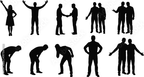 Business people silhouettes set showing teamwork, communication, handshake, discussion, greeting and various human poses, corporate characters isolated on white background