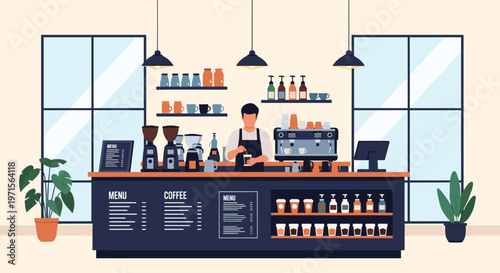 Modern coffee shop interior with a barista preparing drinks behind a counter filled with espresso machines and various coffee supplies.