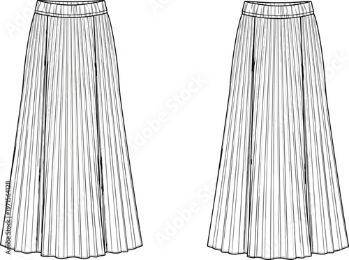 Pleated skirt vector template, long skirt front and back views, elegant fashion apparel mockup, flowy design, clothing technical drawing illustration