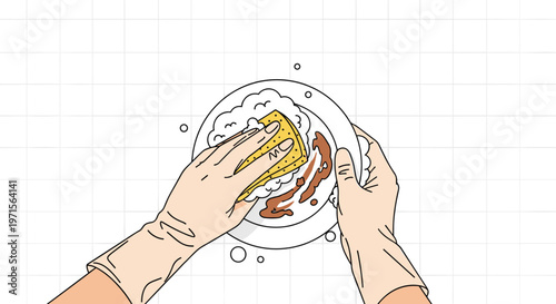 Person wearing yellow rubber gloves washing a dirty white ceramic plate with a sponge and soapy water over a tiled background.